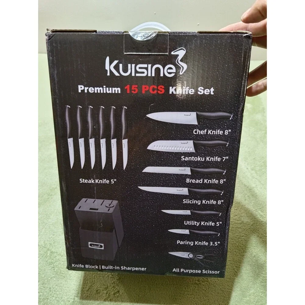 Kuisine Kitchen Chef Knife Block Set Stainless Steel Sharp Knife Set Black 15pcs - Picture 1 of 4